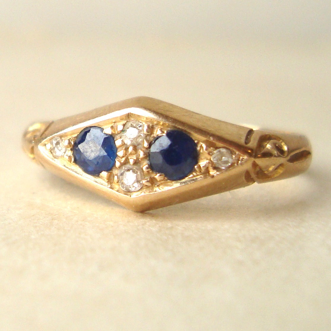 Art Deco Sapphire Ring, Antique Engagement Ring, Old Cut Diamond 18k Gold Ring, Sapphire and 18 Carat Gold Wedding Ring Approx. Size US 7