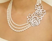 Statement Pearl Wedding Bridal Necklace, Vintage Style Rose Wedding Necklace, Victorian Style Rhinestone Rose Necklace, ROSALINE