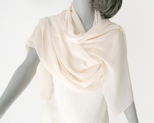 Linen Eggshell Shawl Ethereal Pale Color Silk Chiffon 8mm Individually Hand Dyed, 19"x 78".