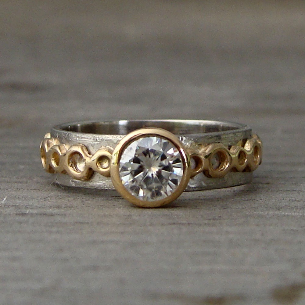 Forever Brilliant (TM) Moissanite, 950 Palladium, and Recycled 14k Yellow Gold Alternative Engagement Ring, Made to Order
