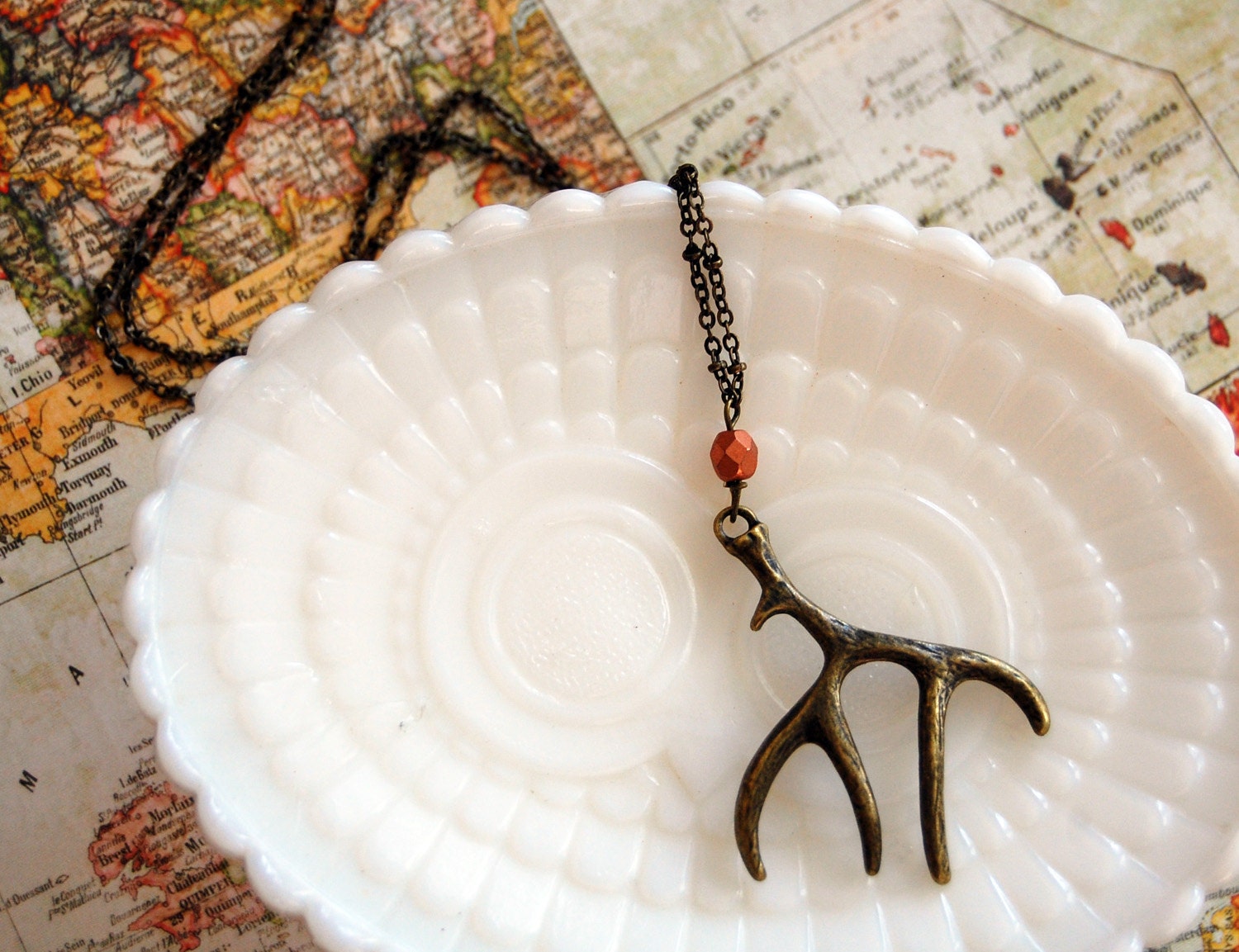 antler necklace- rustic autumn jewelry with copper colored bead on long chain- aged brass - Peapodtreasures