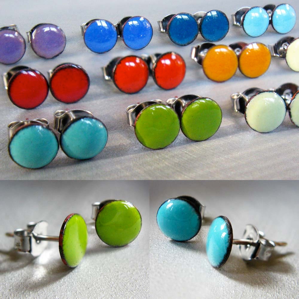 Custom Enamel Mini Dot Stud Post Earrings: One Pair Made to Order in Your Choice of 20 Colors, Kiln-fired Glass Enamel and Sterling Silver