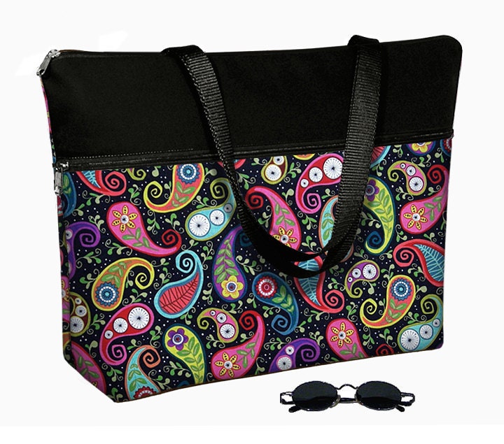 17 inch Laptop Bag with Straps / Laptop Tote Bag / 17" Laptop Case / Padded / Zippered Top  - Funky Paisley black colorful