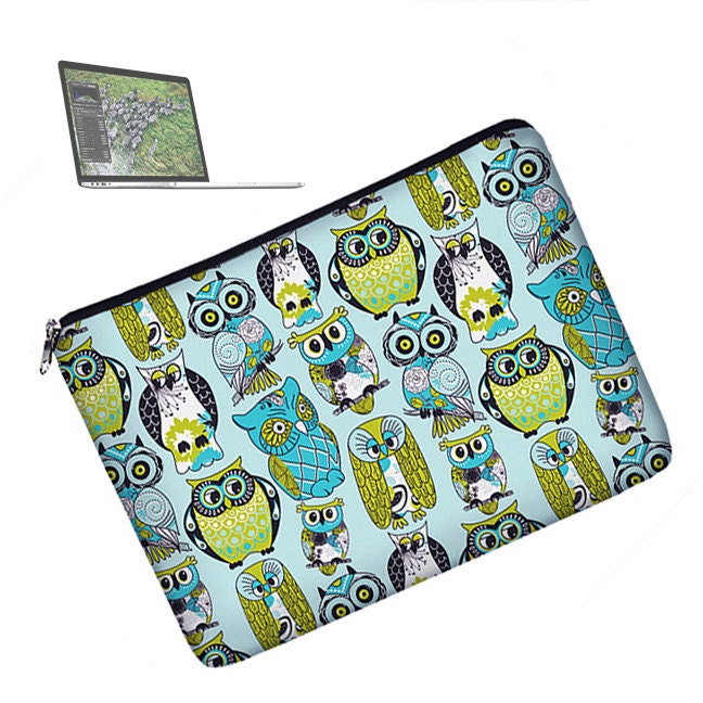 Macbook  Pro RETINA  Case / Macbook Retina Sleeve / Macbook Pro 15 with Retina Display / padded zippered  - Cute Owl blue green