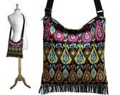 Bohemian Purse Gypsy Fringe Bag Slouch Hobo Bag Hippie Purse Shoulder Bag Ikat Tapestry Bag fuschia orange black (RTS)