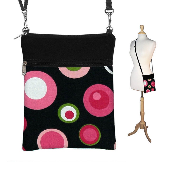 Sling Bag Shoulder Purse Cross Body Bag Small Travel Purse Zipper Fits Kindle 2 - Mod Dot Pink (RTS)