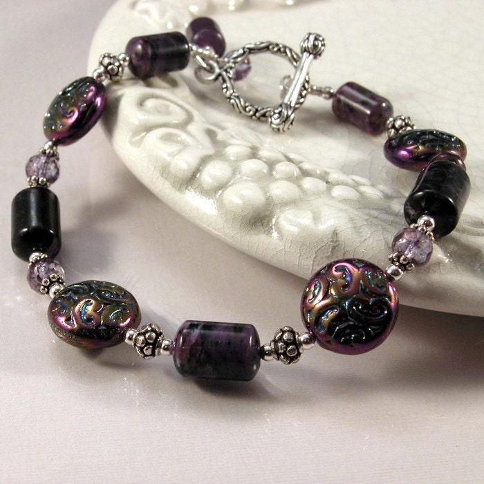 Purple, Black Charoite, Handmade Sterling Bracelet, Czech glass - Shimmering Purple