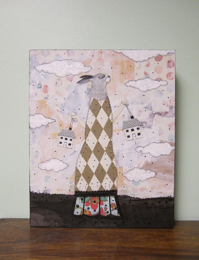 Rabbit Animal Painting , Original Mixed Media Collage Art Painting , Whimsical Folk Art Painting
