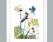 Bird Painting  , Acrylic Painting , Mixed Media Collage Painting Reproduction , Whimsical Art Print , 5x7