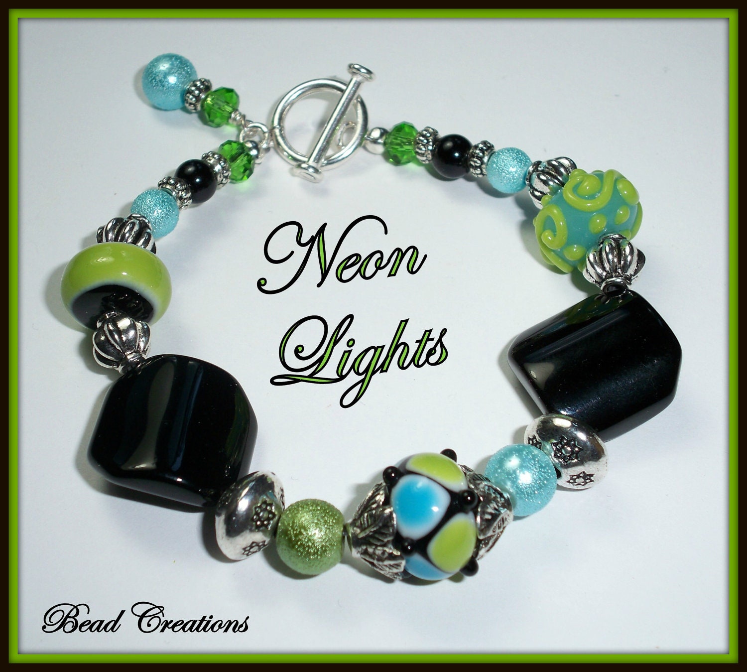 Blue Green Black Bracelet Lampwork Glass Crystal Pearl NEON LIGHTS