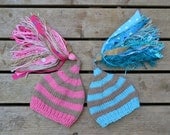 Girl Boy TWiN Newborn HATS 2 Baby Photo PROPs SuPER TaSsel Stripe Knit CHuCkles HaTs Pink Aqua w taupe Unigender ReADY to SHiP