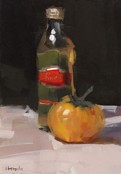 Art Print Home Food Dining Table Stil Life 5x7 on 8x10 - Oil and Yellow Tomato by David Lloyd