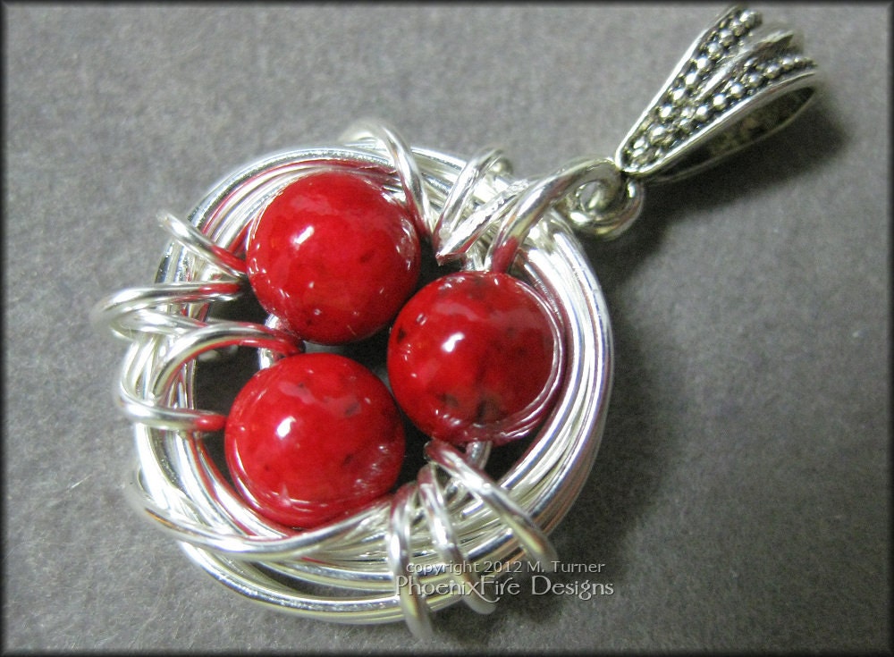 Bird Nest Pendant with Ruby Red Coral Eggs in Sterling Silver Wire Wrapped Mother's Day Mom Mum