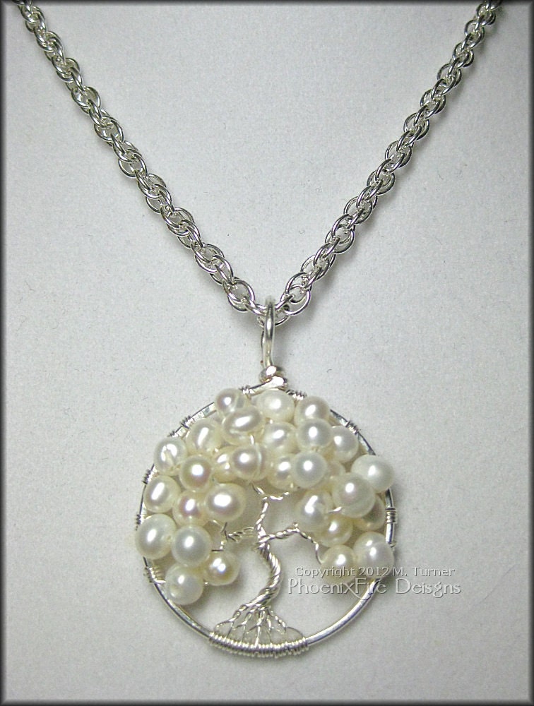 June Tree - Freshwater Pearls In Sterling Silver Tree of Life Pendant (June Birthstone) Wire Wrapped Bridal