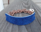 Blue Leather Copper Chain Cowrie Shell Cuff Bracelet