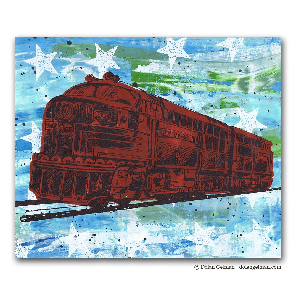 Red Choo Choo Train Painting, Original Screenprint on Wood, Boy's Room Decor, Stars and Stripes