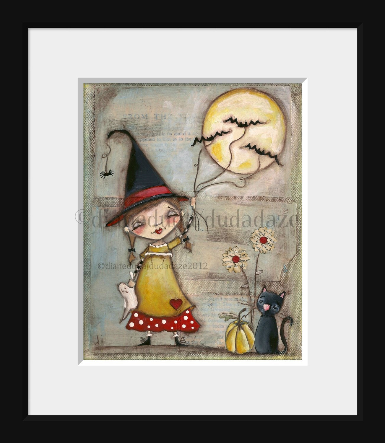Print of my Folk Art Childrens Halloween Witch painting  - Walking the Bats