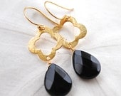 Vermeil Quatrefoil with Black Onyx Teardrop. Gold Clover Dangle Earrings. Vermeil Ear Wires. Bridesmaids Earrings.