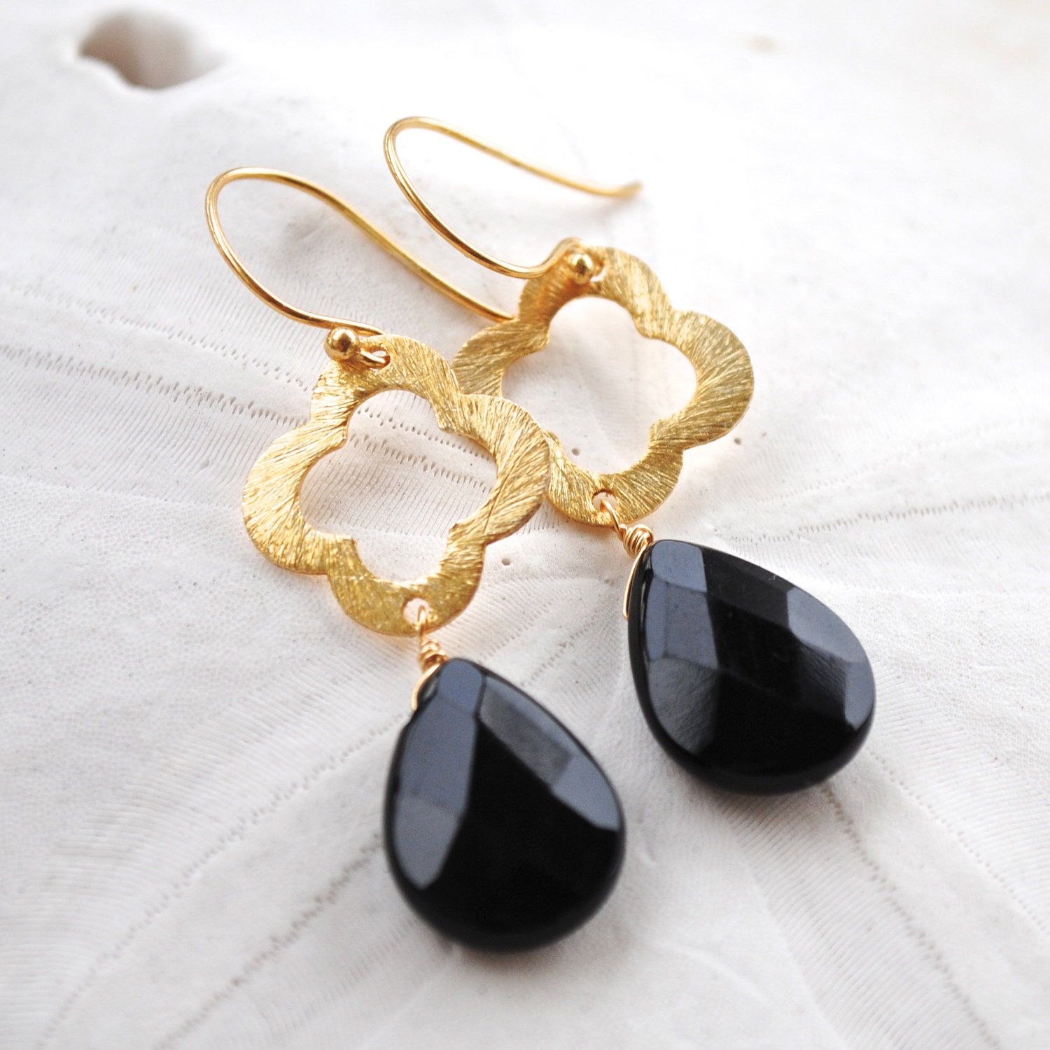 Vermeil Quatrefoil with Black Onyx Teardrop. Gold Clover Dangle Earrings. Vermeil Ear Wires. Bridesmaids Earrings.