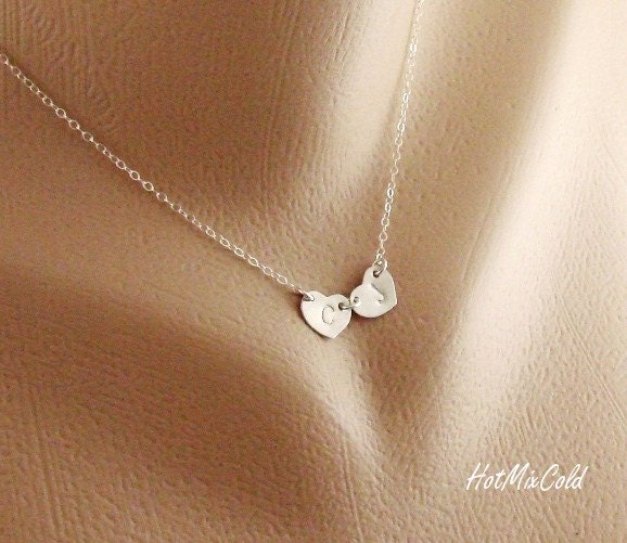 TWO Heart Charm Necklace, Monogram Necklace, Sterling silver Mother Necklace, Couples necklace, Customize Jewelry