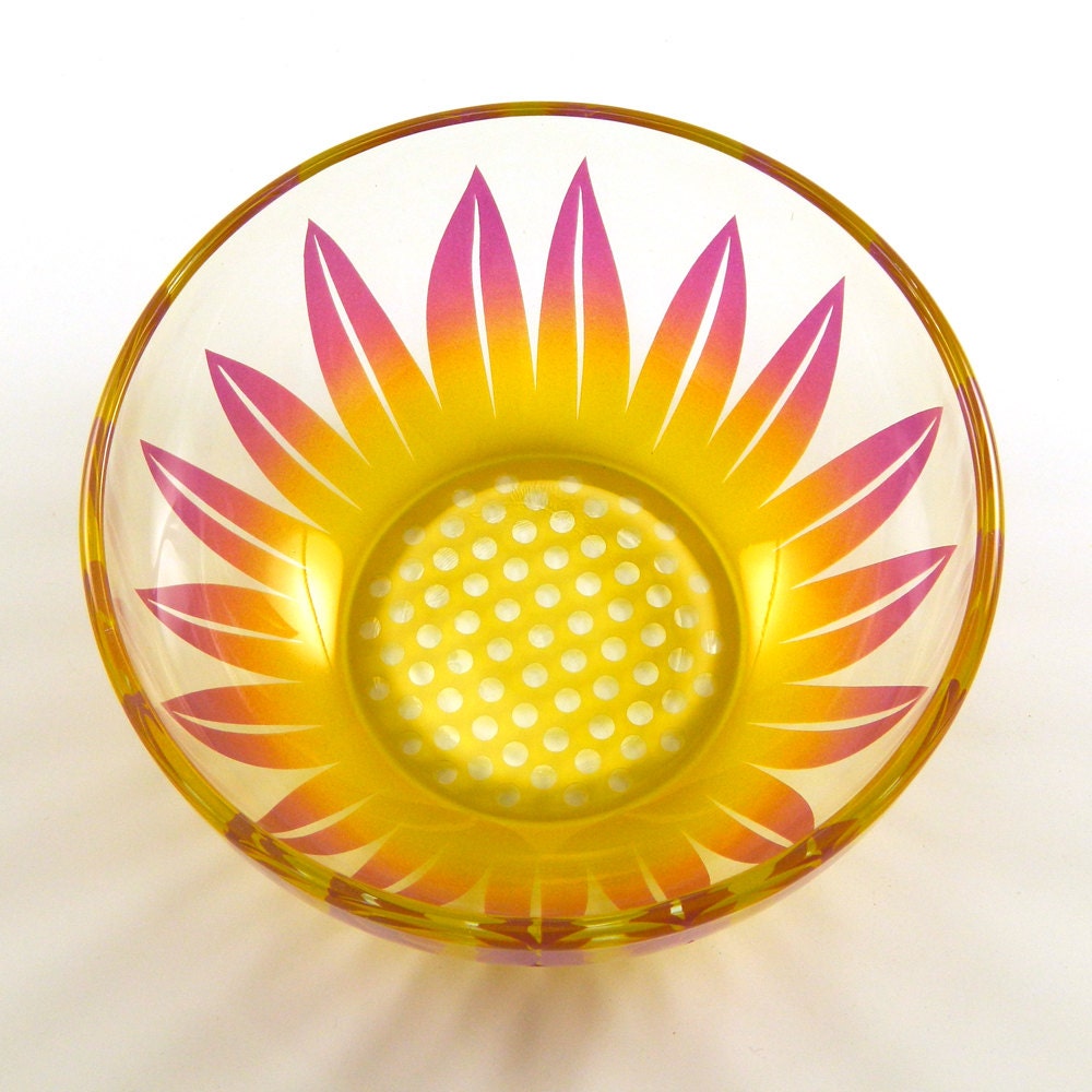 Glass Bowl - Wildflower -  Hot Pink and Yellow - Custom Painted and Etched Glassware