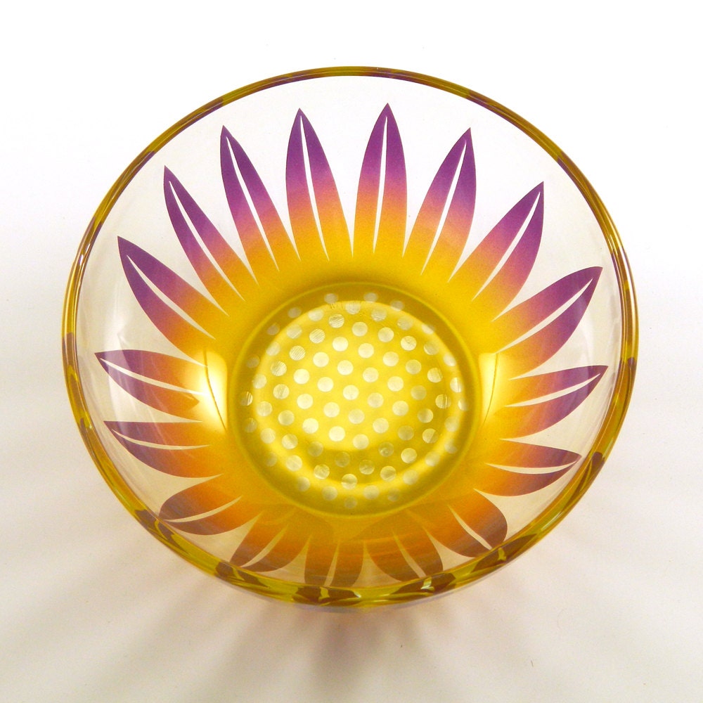 Glass Bowl - Wildflower -  Purple and Yellow - Custom Painted and Etched Glassware