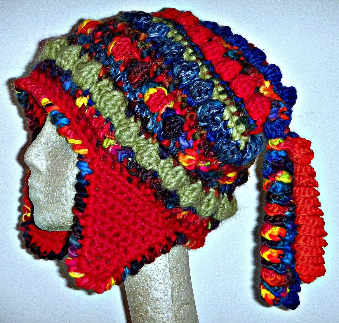 Sale One of a Kind Crochet Hat with Earflaps and Corkscrews Freeform Freestyle free shipping in USA