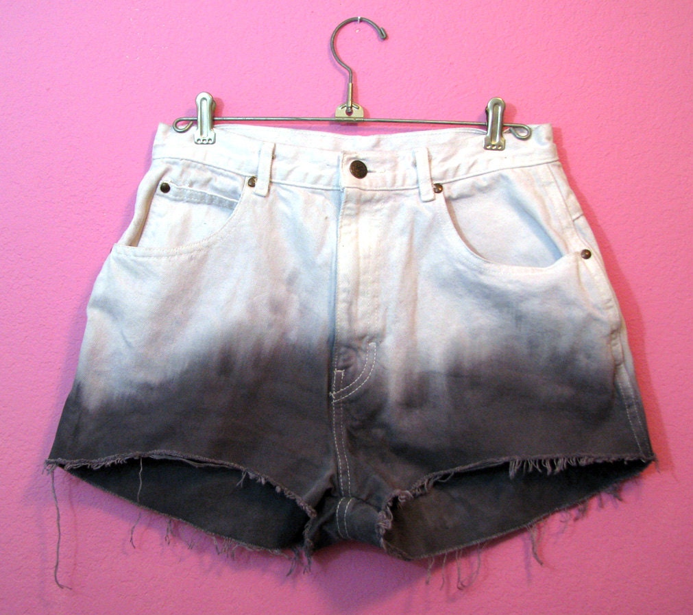Dip Dyed White and Charcoal Gray High Waisted  Cut Off Shorts - Vintage Revamped Cropped Jeans Size 12 / Large