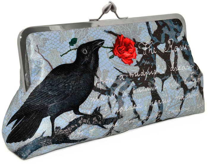 The Raven. Printed Edgar Allan Poe LARGE clutch in dupion and printed satin. Unique, designed by Baba Studio.