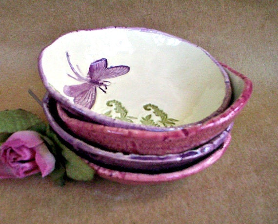 Ceramic Prep Bowls Set of FOUR Dragonfly style