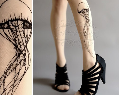 Jellyfish TATTOO gorgeous thigh-high stockings Ultra Pale
