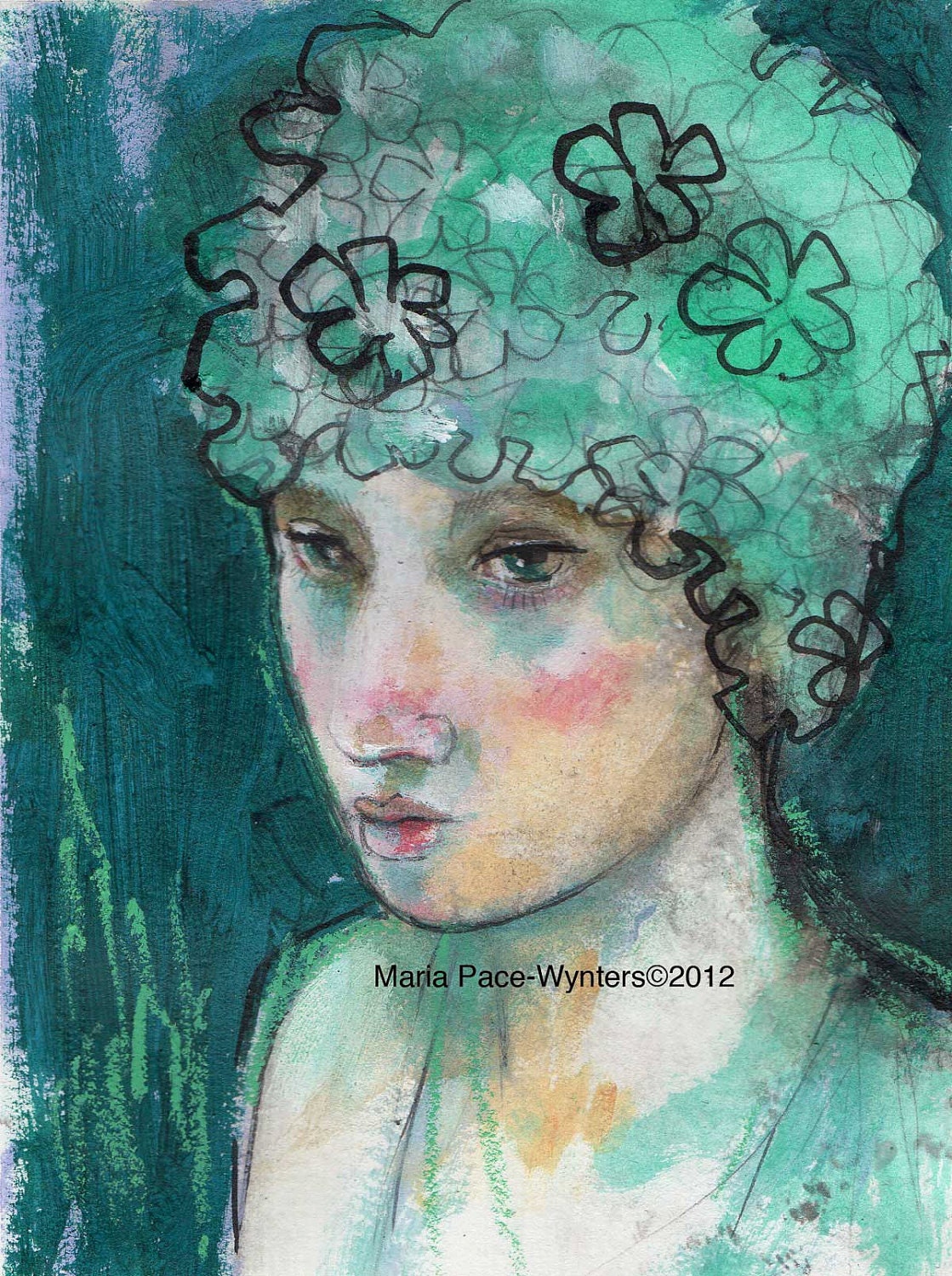 The Swimming Cap- Original mixed media painting by Maria Pace-Wynters