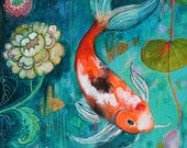 Koi In The Flower Garden- Original mixed media painting by Maria Pace-Wynters