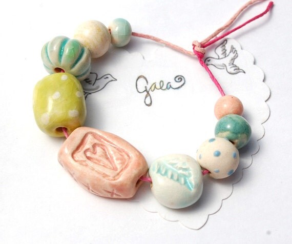 RESERVED for the quick cara10 / Happy Bird / Heart and Bird Ceramic Bead Set