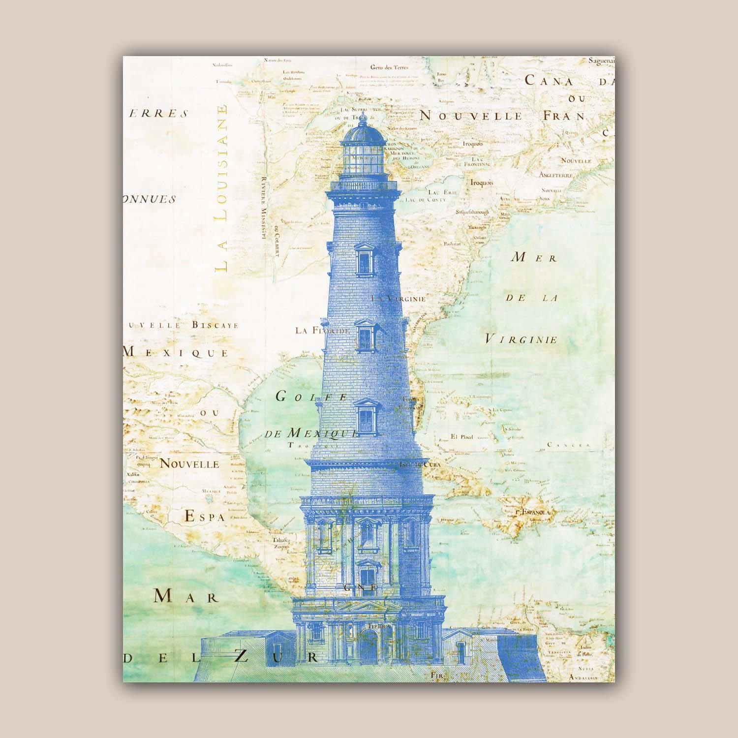 Blue Lighthouse Print, 11X14 print, old map Mexico golf print,  Seaside Decor, Marine  Nautical art, Coastal Living,