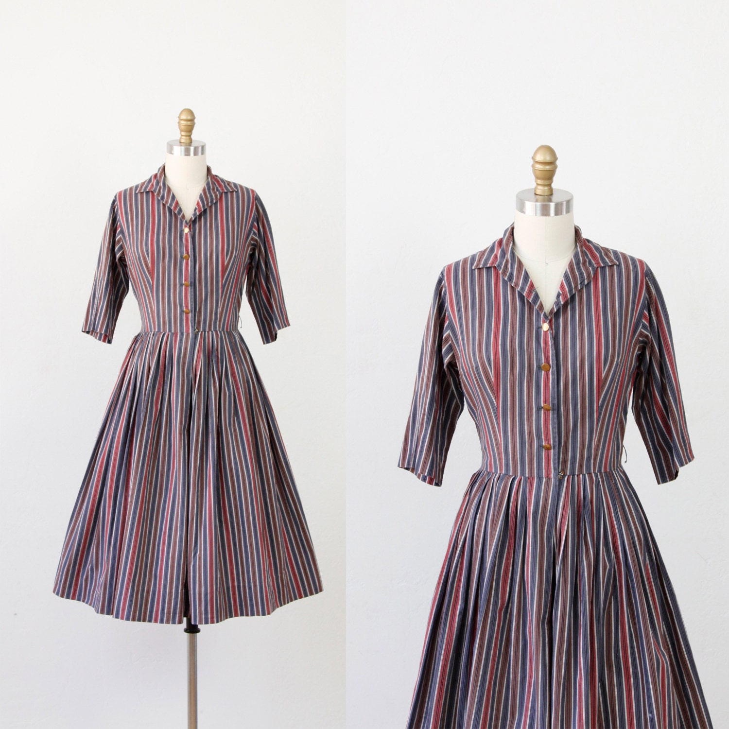 Brown, Pink and Indigo Striped Tailored Vintage Dress