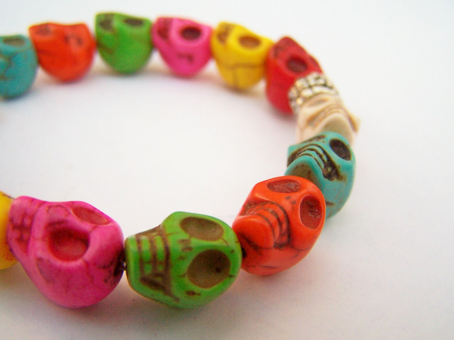 Colorful Skull Stretch Bracelet - Day of the Dead Bracelet - Stone Skulls & Rhinestones - Skulling - Bright Multicolored Skulls
