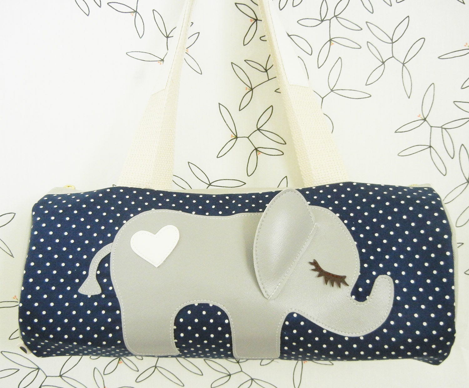 Peanut the Elephant Navy and White Polka Dot Cotton Canvas Duffel Tote Bag Purse with Vinyl Applique