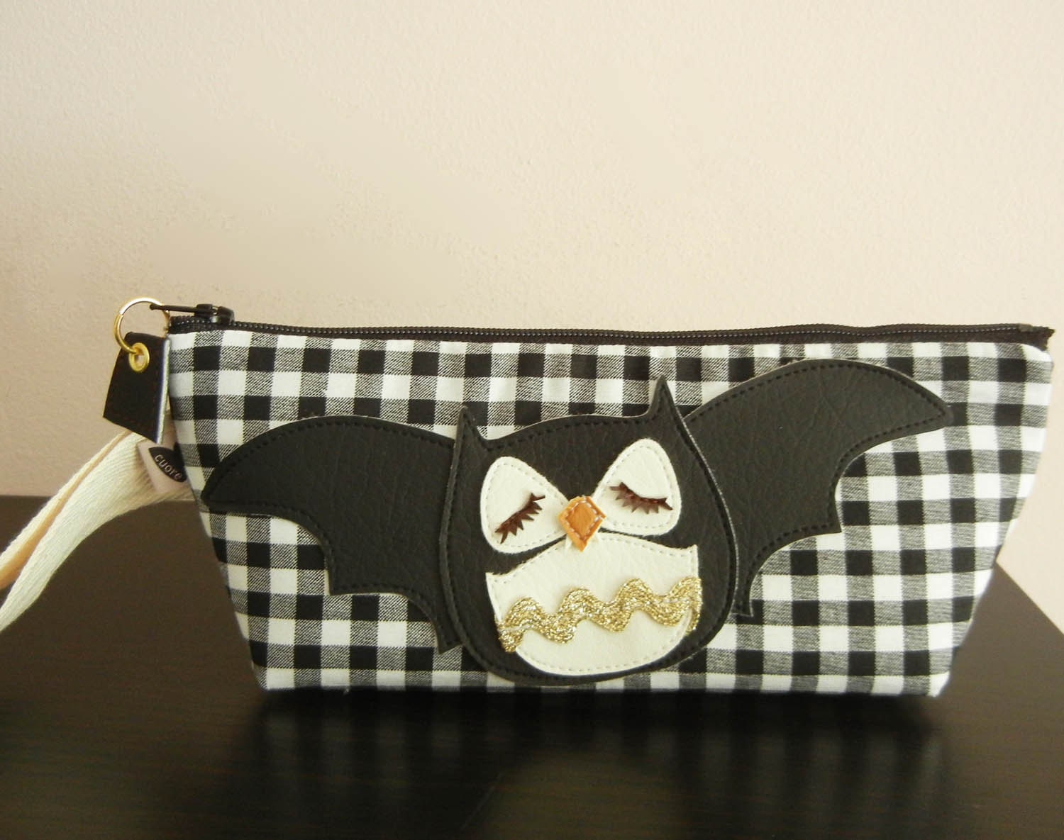 Vampire Stewart the Owl Black White Gingham Check Cotton Canvas Case with Vinyl Applique