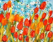 Floral Painting, Watercolor Mixed Media Painting Red & orange Tulip Art PRINT, tangerine tango bright blue