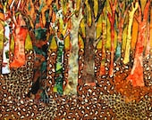 art Large Abstract TREE Wall art, mixed media collage 24x30" watercolor painting tangerine tango leopard brown ORIGINAL modern decor - SchulmanArts
