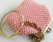 Wristlet Purse - Coin Purse Wristlet - Beaded Purse - Pink - 1950s - Made in Hong Kong