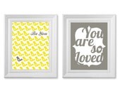 Nursery Artwork Yellow and Dark Gray - Set of Two 11x14 Prints - You Are So Loved Typography and Be You Inspirational Poster