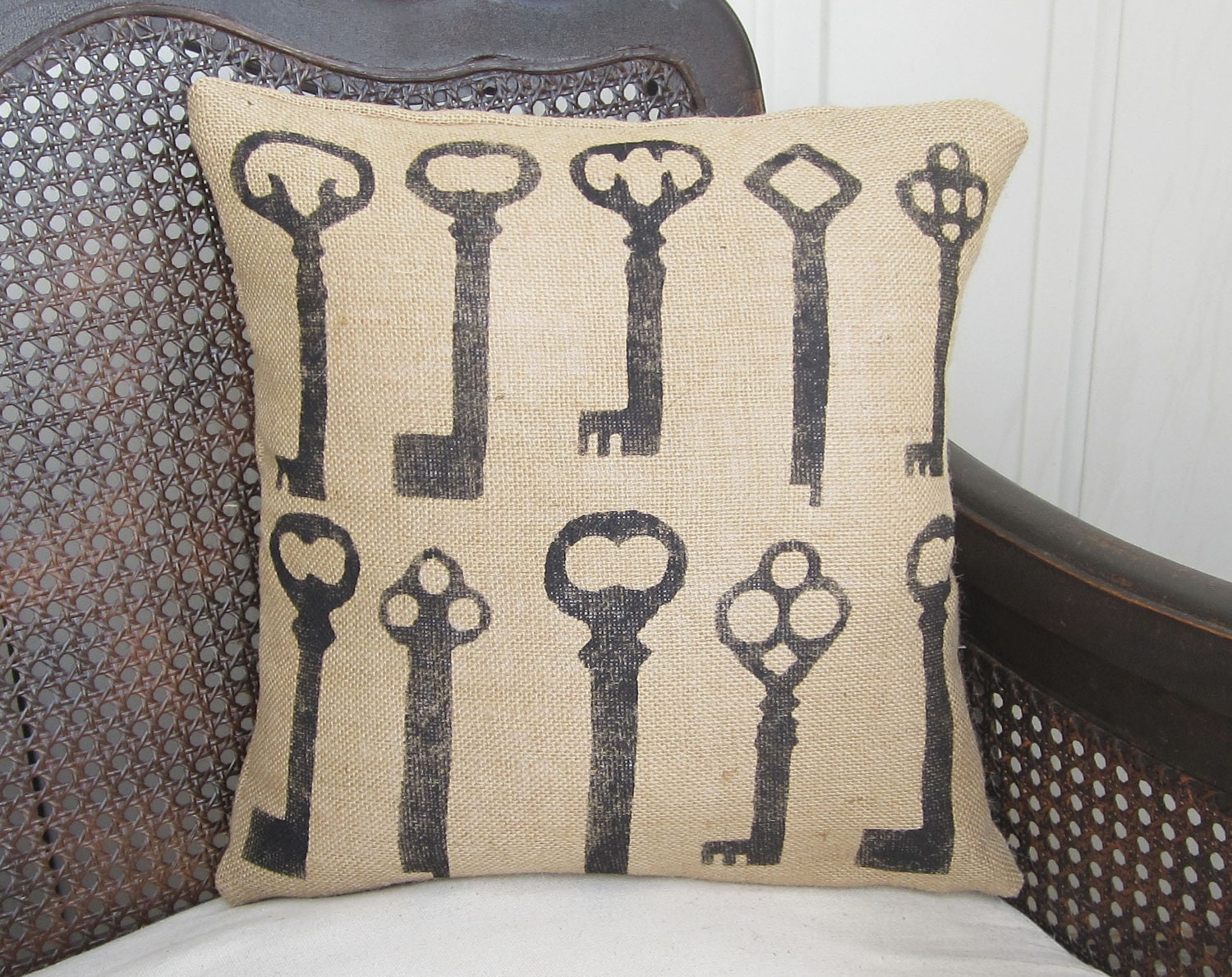 Keys - Burlap Pillow - Feed Sack Chic - Burlap Pillow with Skeleton Key Design