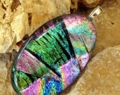 Oval Fused Glass Pendant, Dichroic Fused Glass Pendant - Patterns on Black