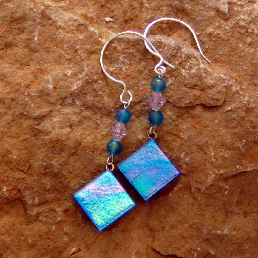 Dichroic Fused Glass Drop Earrings -Blue Rainbows