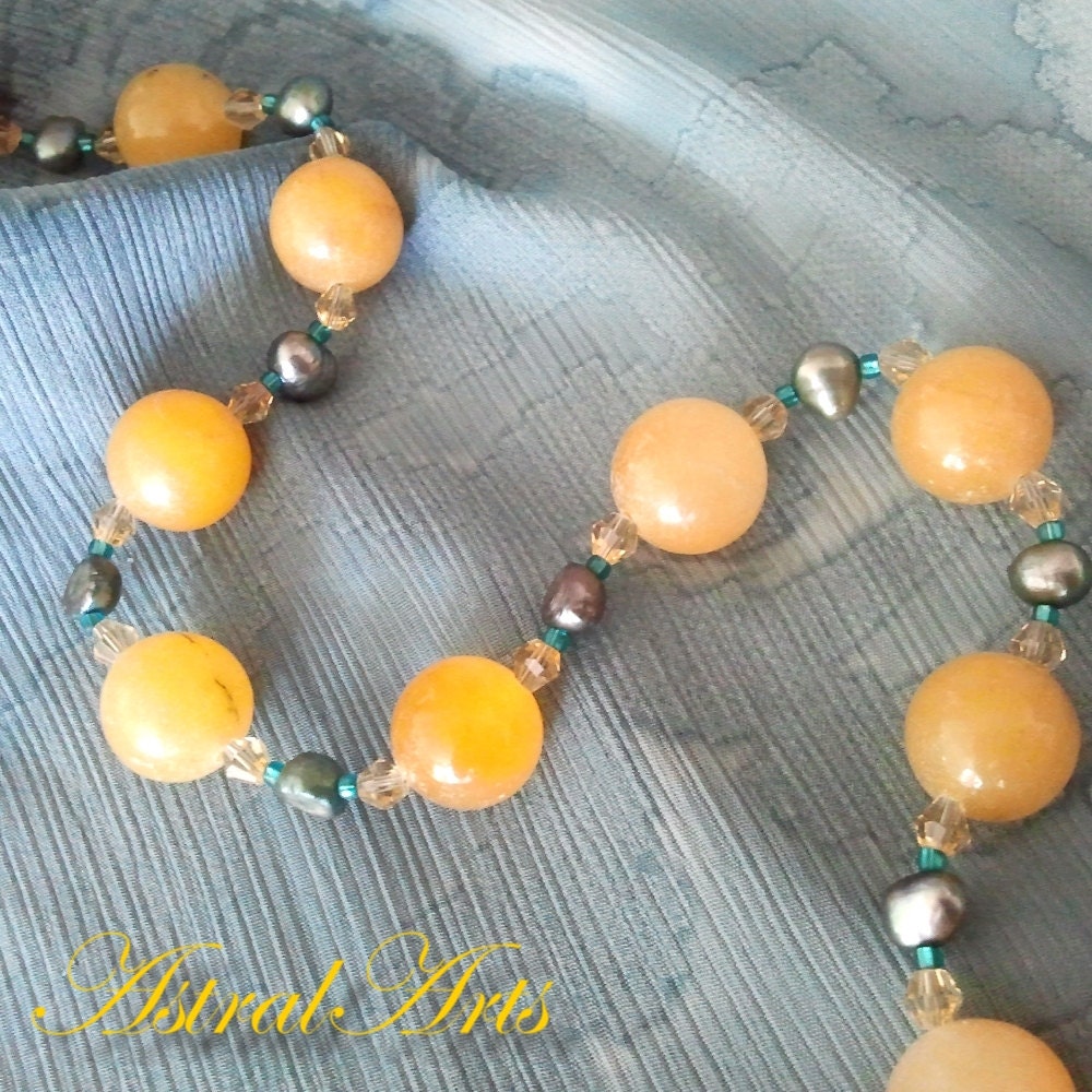 AstralArts-  Yellow & Turquoise Necklace with Pearls