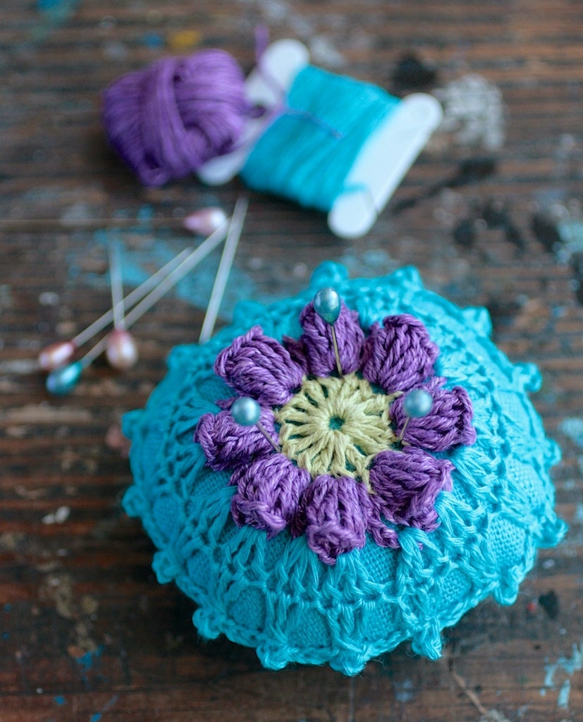 Linen  pincushion - crochet motif