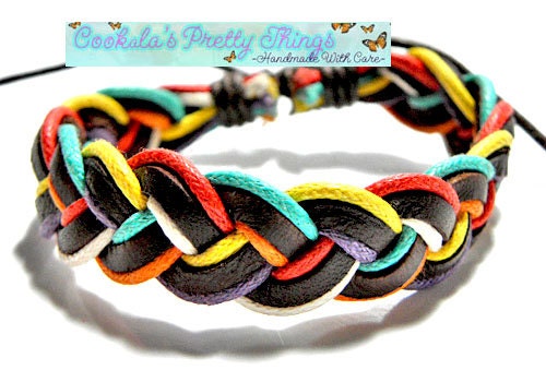 Surfer Bracelet braided leather and hemp dark brown white orange pink green purple Unisex adjustable