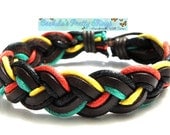 Surfer Bracelet braided leather and hemp dark brown red yellow green black Unisex adjustable